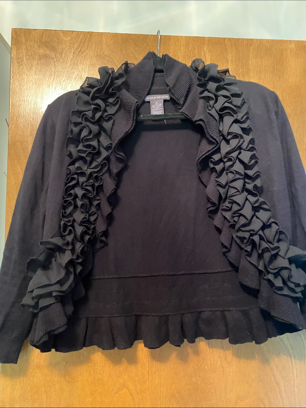 Chelsea & Theodore Black Ruffled Open-Front Cardigan